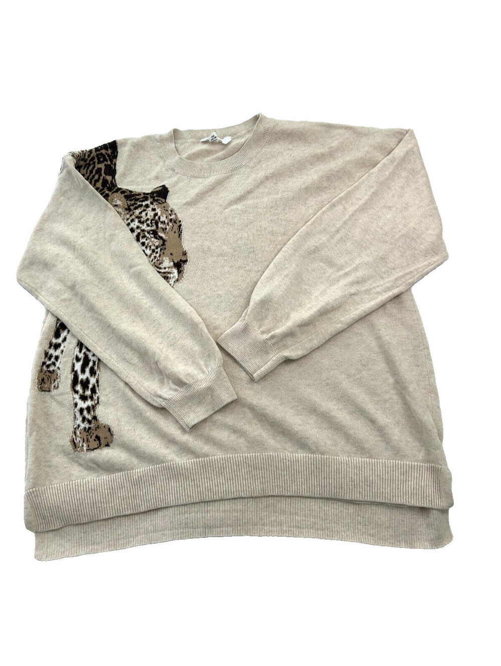 Time and Tru Beige Knit Crewneck Sweater Leopard Graphic Sleeve Side Sz XL